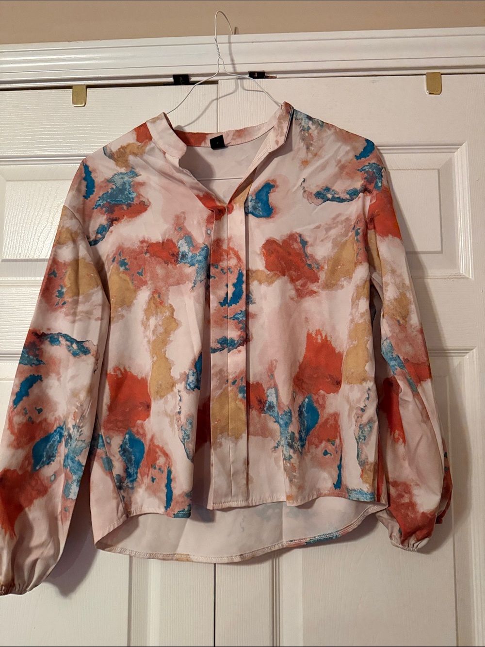SHEIN Watercolor Print Long-Sleeve Blouse - Coral, Teal & Gold